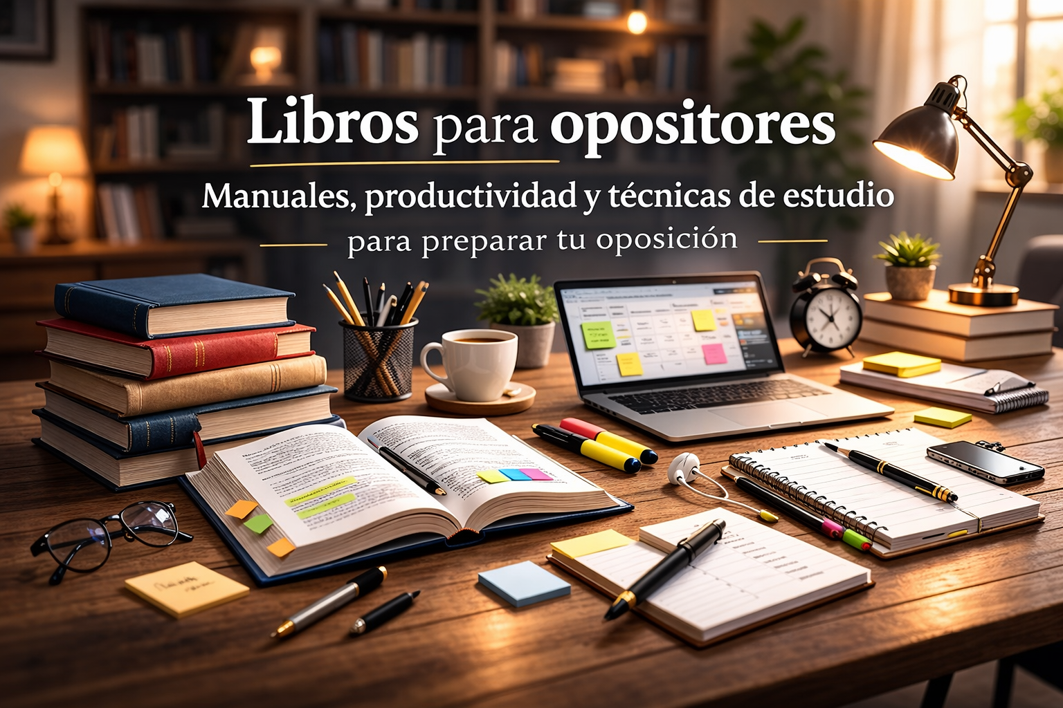 Escritorio con libros de leyes, apuntes y ordenador para preparar oposiciones