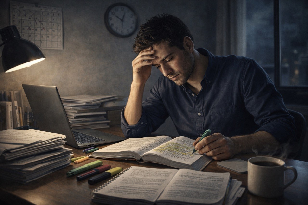 Opositor estudiando Derecho Administrativo y legislación