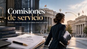 Portada editorial de comisiones de servicio en la AGE con funcionaria entre edificios administrativos