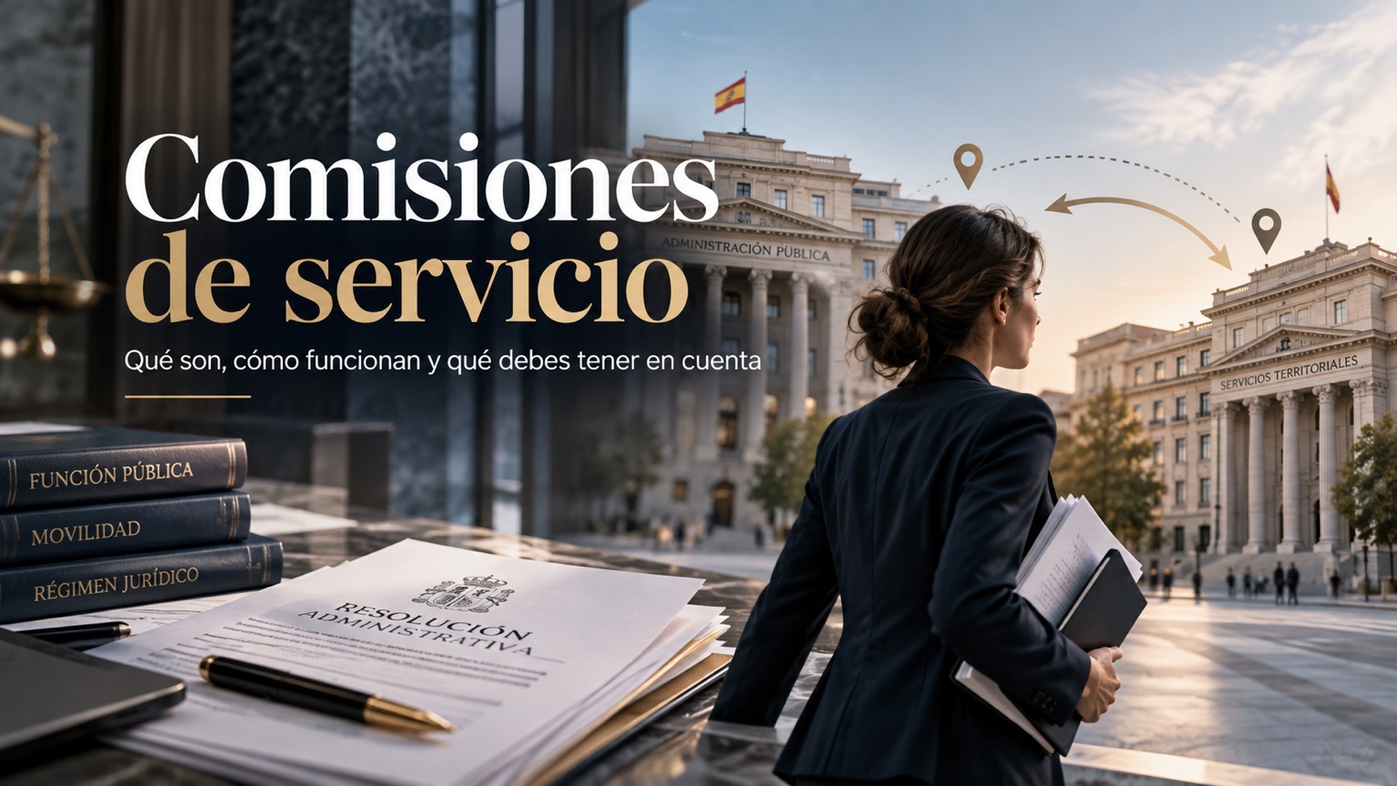 Portada editorial de comisiones de servicio en la AGE con funcionaria entre edificios administrativos
