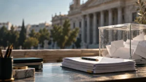 Urna electoral y documentos de oposiciones ante un edificio institucional, imagen editorial sobre elecciones generales 2026 y OEP