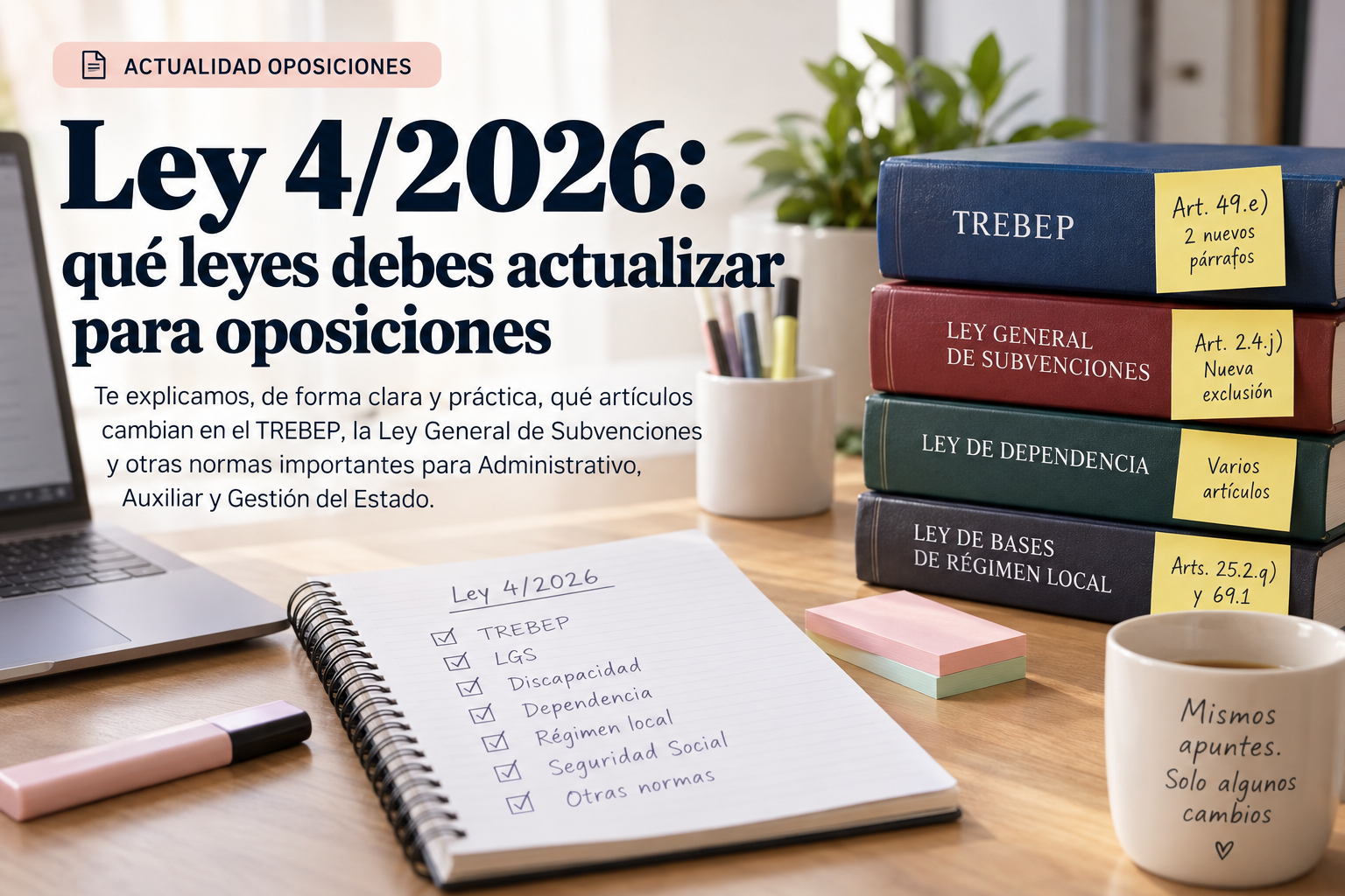 Ley 4/2026: qué leyes debes actualizar para oposiciones. Libros del TREBEP, Ley General de Subvenciones, Dependencia y Régimen Local con apuntes