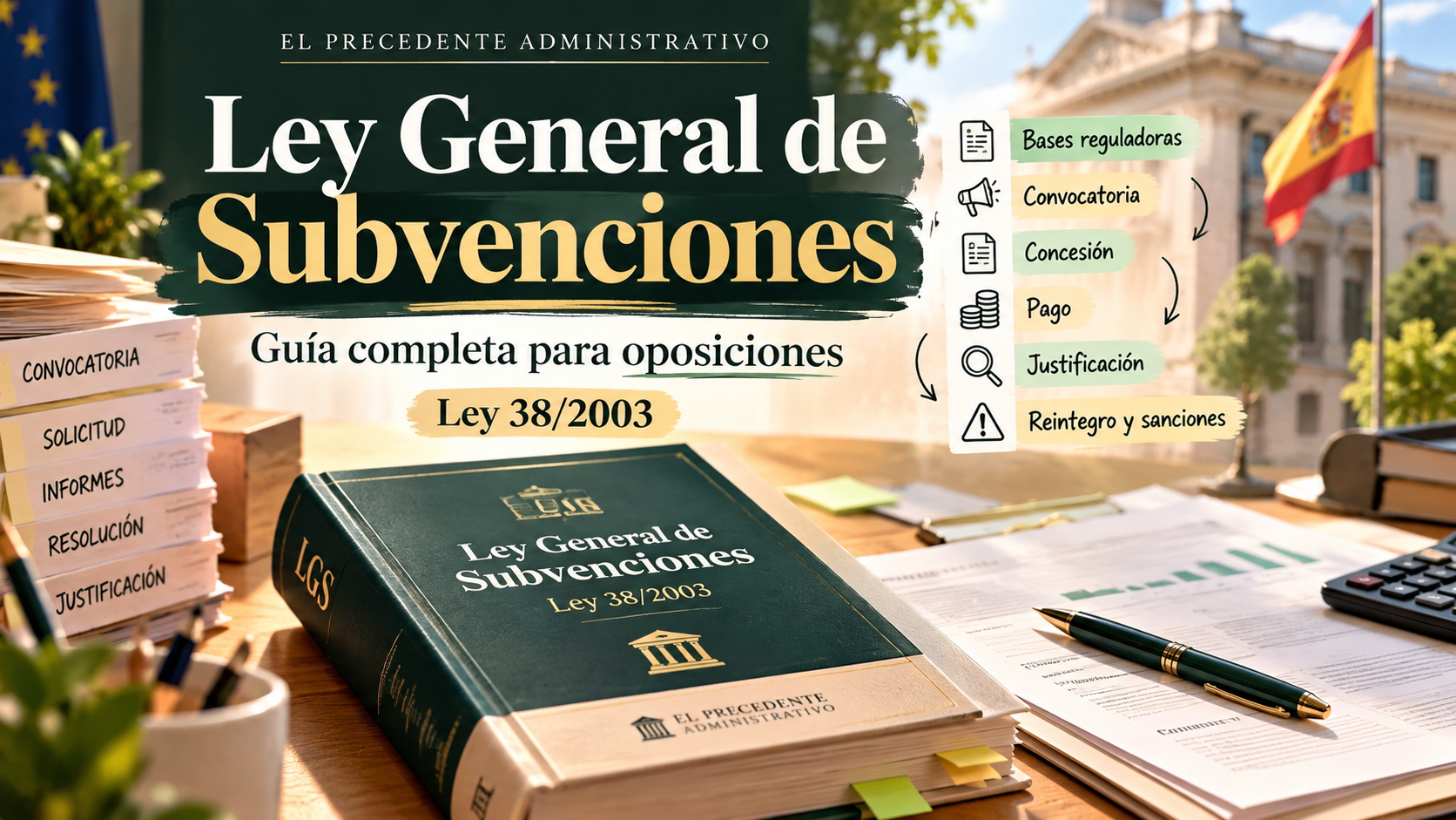 Guía de la Ley General de Subvenciones para oposiciones con libro de la Ley 38/2003, documentos administrativos y esquema de las fases de una subvención.