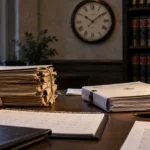Despacho institucional con expedientes administrativos, calendario y reloj que representan el paso del tiempo en la prescripción y la caducidad