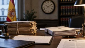 Despacho institucional con expedientes administrativos, calendario y reloj que representan el paso del tiempo en la prescripción y la caducidad